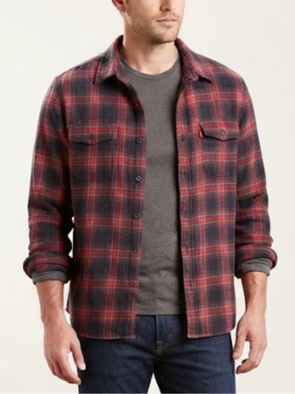 Levi's Red & Black Plaid Long Sleeve Flannel Shirt Men's Size Large Relaxed